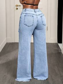 Slaydiva Fashionable Casual Women Patchwork Frayed Hem 2 In 1 Denim Jeans - Blue - View 2