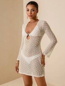 Lyxana Women's Solid Color Metal Decor Casual Vacation Mini Dress - Apricot - View 6