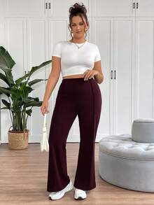 SHEIN Tall CURVE 大码女士简约日常喇叭裤套装 - 紫紅色 - 查看 6