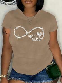INAWLY 女士夏季热卖钻石心形字母印花圆领短袖休闲 T 恤图案 T 恤女式上衣 - 卡其色 - 查看 1