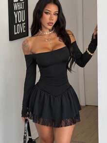 Coolane Women's Spring Streetwear Y2K Casual Date Night Elegant Lace Patchwork Stretchy Off The Shoulder Mini Dress - Black - View 3