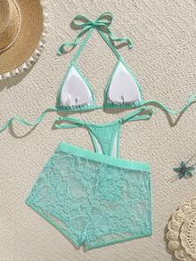 Swim SXY 3pcs/Set Lace Halter Top, Thong Panty, And Short Cover-Up Swimwear Set For Women, Spring/Summer - Mint Green - View 4