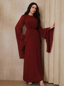 Graceveil Women's Elegant Burgundy Long Sleeve Dress,Autumn Modest Dining Twist Front Pleated Round Neck Fitted Solid Color Maroon Dark Red Dress - Brown - View 3