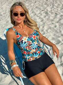 Swim Lushoire Women's Casual Vacation Pattern Camisole & Tankini Set, Adjustable Straps, 2pcs Tankini Swimsuit, Spring/Summer - Multicolor - View 7