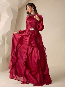 Coutiva 优雅闪亮的高领多层荷叶边下摆正式晚礼服，适合作为舞会礼服、生日派对礼服、毕业典礼礼服、返校派对礼服、音乐节礼服、伴娘礼服和告别晚宴礼服。 - 酒紅色 - 查看 4