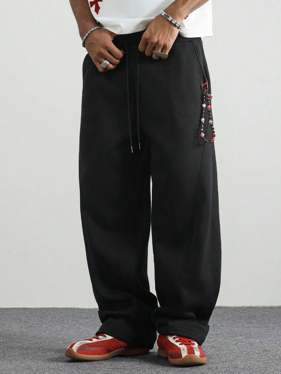 PAVTROS Men's Solid Color Drawstring Pocket Casual Sweatpants, Baggy Black Loose Fit Pants - Black - View 1