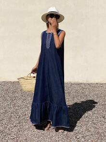DAZY 女士夏季时尚宽松刺绣荷叶边下摆无袖牛仔连衣裙 - 深色水洗藍 - 查看 5