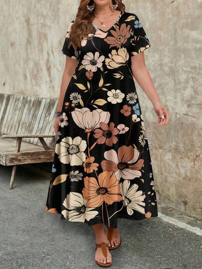 EMERY ROSE 大码女式休闲碎花V领短袖长裙，适合夏季穿着