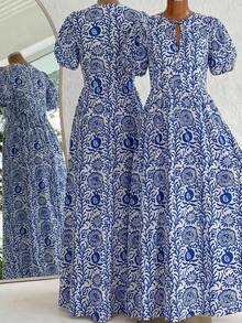 Breezaya Vestido largo de manga corta con cuello redondo, estampado floral, lazo delantero y abertura, vestido de línea A para primavera/verano; Vestido largo casual con lazo en el cuello, manga de tulipán y línea A para 2026; Vestido de vacaciones de verano; Vestido de primavera para mujer; Vestido de playa; Vestido de cumpleaños; Vestido de salida para mujer; Vestido casual elegante para viajes/vacaciones; Vestidos casuales para mujer; Vestidos azules para mujer; Vestido de graduación; Vestidos de verano para mujer, conjunto de Santorini - Azul y blanco - Ver 2