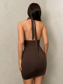 SHEIN Glamour Elegant French Chic & Sexy Backless Dress With Ruffle Hem, Suitable For Evening Gala, Date, Party, Luxury Gathering - Brown - View 3