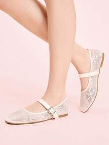 CUCCOO DOLLMOD Women's Shoes Mesh Embroidery Decorative Flat Bottom Mary Jane - White - View 3