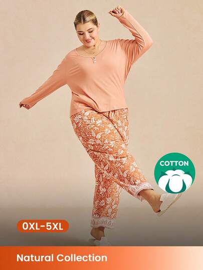 LUVLETTE 加大码紫色柔软基础款长款T恤和棉质印花长裤家居服套装，透气舒适，女士长裤带口袋，可作内衣外穿家居服套装