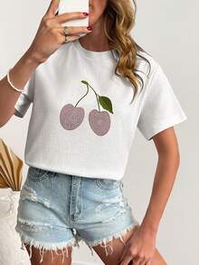 Cloudara White Cherry Rhinestone Embroidered T-Shirt, Casual Basic Women's Top Golf Summer - White - View 6