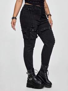 ROMWE Goth Spring/Summer Plus Size Women's Punk Rock Distressed Pocket Skinny High Stretch Jeans - Black - View 4