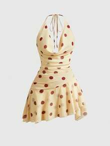 Sweetness 女士度假休闲波点垂褶领系带迷你连衣裙 - 淡黃色 - 查看 1