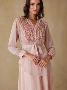 BELROSIE Elegant Women's Chiffon Crinkle Fabric V-Neck Frill Trim Loose Belted Blouse Paired With Elastic Waist A-Line Skirt, 2 Pieces Set - Pink - View 2