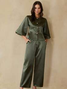 Aveloria EMERY ROSE Elegante completo da donna composto da blusa in raso lucido con maniche a palloncino e bottoni in metallo, abbinata a pantaloni a gamba dritta, adatto per l'ufficio e lo stile di vita metropolitano - Verde militare - Visualizzare 1