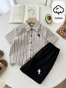 SHEIN 2pcs Young Boys Colorful Striped Polo Collar Short Sleeve Cardigan And Elastic Waist Shorts Set, Summer Clothes For School, Vacation, Spring - Multicolor - View 1