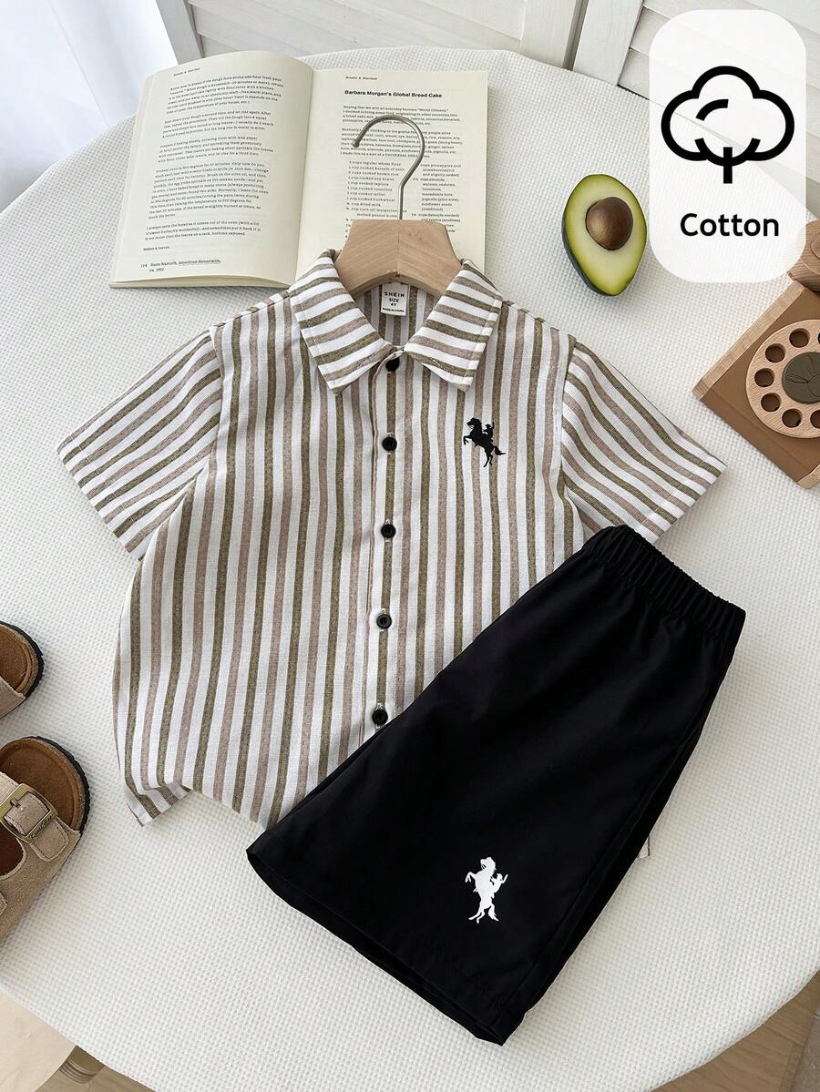 SHEIN 2pcs Young Boys Colorful Striped Polo Collar Short Sleeve Cardigan And Elastic Waist Shorts Set, Summer Clothes For School, Vacation, Spring - Multicolor - View 1