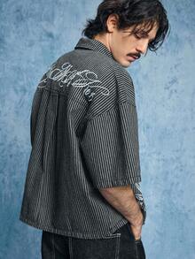 ROMWE MEN Prep Men's Casual Striped Letter Embroidered Denim Jacket - Black - View 4