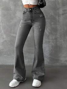 SHEIN Cottnline Dagligt bruk Hög midja Push Up Plus Size Grå Stretch Comfort Denim Jeans Knappknäppning - Grå - Visa 6