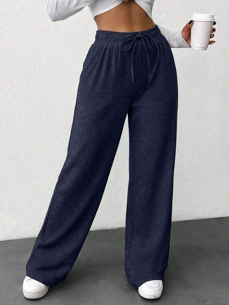 EURMUSE Drawstring Waist Slant Pocket Spring Clothes Sweatpants - Navy Blue - View 1