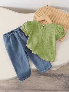SHEIN Playful Pals 女嬰綠色夏季可愛韓系大蝴蝶結提花上衣 & 水洗牛仔褲套裝 時尚2件式幼童服裝套裝 - 薄荷綠 - 查看 3