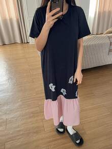 DAZY 女款寬鬆花卉印花拼色長款睡裙，夏季居家睡衣洋裝 - 黑色 - 查看 6