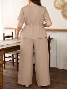 Lacomfia Light Brown Wide Leg Pants Set/Casual Commuter/V-Neck Tie Waist Solid Color Elegant Plus Size 2 Piece Set Pant Suit Summer Sets - Khaki - View 2