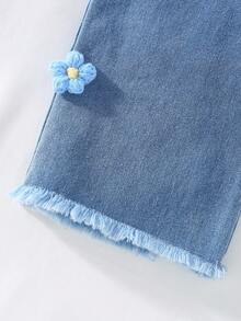 SHEIN Playful Pals 2pcs/Set Toddler Girls' Fashion Cute Casual Denim Outfit, Puff Sleeve Shirt With Collar, Colorblock & 3D Flower Decor + 3D Flower Denim Pants, Spring/Summer - Navy Blue - View 5
