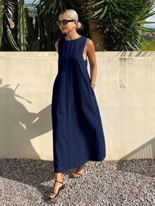 Livesso Women's Casual Loose Denim Sleeveless Round Neck Dress For Summer - Dark Wash - View 5