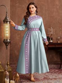 Al Najma Plus Size Women Arabic Style Elegant Floral Print Waist Cinched Dress, Suitable For Spring And Autumn - Cadet Blue - View 4