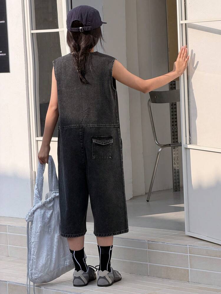 Tween Girls Round Letter Embroidered Casual Denim Bib Pants And Jumpsuit Summer