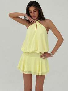 Aloruh Women's Elegant Light Yellow Halter Tie Waist Mini Dress,Summer Dress,Vacation Dress - Yellow - View 2