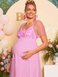 Loomaby Pink Summer Maternity Dress,Fairy Mesh Patchwork Sleeve V-Neck Lace Decor Layered Loose Gown For Baby Shower,Gender Reveal & Photoshoot,Plus Size - Pink - View 1