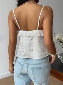 Serisse Women's Sequin Patchwork Ruffle Trim Front Tie Camisole Top - White - View 2