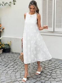 SHEIN LUNE 波西米亚音乐节女士休闲3D印花无袖中长连衣裙，适合度假、通勤和日常穿着。优雅女士连衣裙，夏季女士连衣裙，休闲女士连衣裙，白色女士连衣裙，节日女士连衣裙 - 白色 - 查看 4