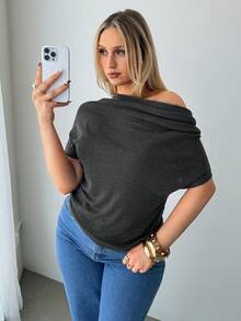 Auralis 大码女式休闲通勤简约纯色不对称领蝙蝠袖针织上衣 - 灰色 - 查看 3