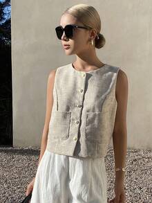 DAZY Solid Color Crew Neck Sleeveless Fitted Jacket For Women, Spring & Summer - Khaki - View 4