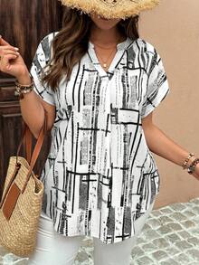 EMERY ROSE Plus Size Colorblock Print Casual Short Sleeve Shirt, Going Out Tops - White - View 4