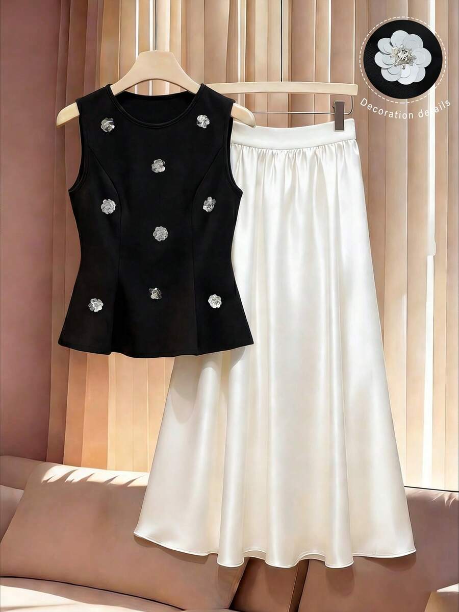 Franclia Conjunto de 2 piezas de blusa sin mangas con volantes en el bajo y decoración floral + vestido blanco de línea A de largo medio, para uso casual, fiesta, diario, oficina, citas - Blanco y Negro - Ver 1