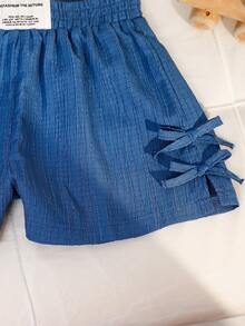 Emery Rose Kids Emery Rose Kids 2pcs/Set Young Girl Casual Comfortable Round Neck Puff Sleeve Ruffle Bow Decor Shirt And Shorts Set,Kids - Blue - View 10