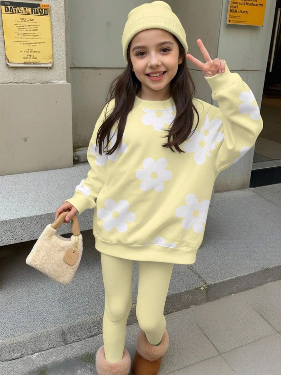 SHEIN 2 件套年轻女孩休闲花卉印花圆领长袖运动衫和紧身裤套装,适合秋冬季 - 彩色 - 查看 1