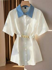 Franclia Blue And White,Summer,Elegant And Classy,School,Back-To-School Denim Collar Short Sleeve Shirt With Metal Gold Chain Belt,Loose Minimalist Style - Blue and White - View 6