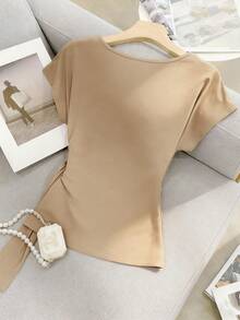 Franclia 女士通勤T恤，优雅T恤，性感T恤，时尚T恤，不对称T恤，金属扣T恤，春夏T恤，修身T恤 - 卡其色 - 查看 2