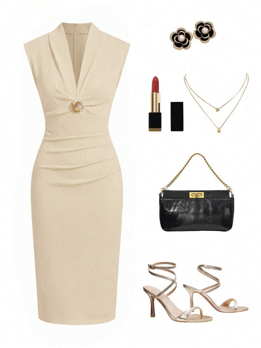 Ellevyn 女士优雅纯色无袖中长连衣裙，适合派对穿着 - 杏色 - 查看 1