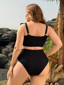 Swim Lushoire Plus Size Women's Black 2-Piece Swimwear,Elegant Flounce Shoulder Summer Holiday Beach Tropical Formal Evening Bandeau Tummy High Waist - Black - View 2