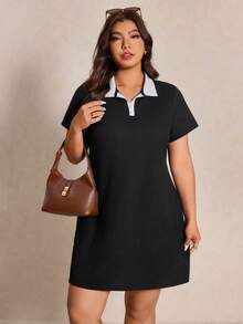 Elaquor Plus Size Color Block Collar Short Sleeve Dress, Summer Dresses - Black - View 3