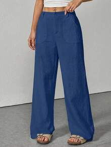 Washed Cotton Casual Solid Color Low-Waist Straight Leg Pants - Blue - View 3
