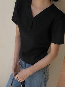 Livesso 女士宽松休闲商务办公街头风短袖黑色衬衫，春夏款 - 黑色 - 查看 3